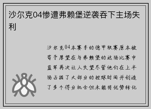 沙尔克04惨遭弗赖堡逆袭吞下主场失利