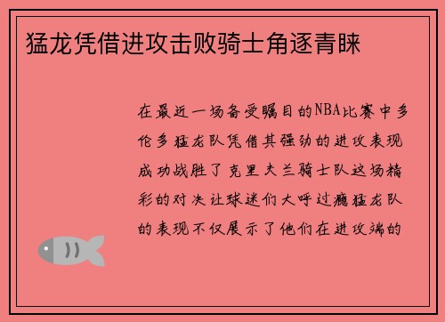 猛龙凭借进攻击败骑士角逐青睐