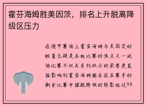 霍芬海姆胜美因茨，排名上升脱离降级区压力