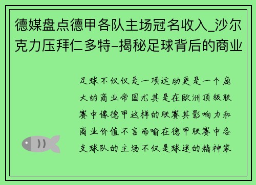 德媒盘点德甲各队主场冠名收入_沙尔克力压拜仁多特-揭秘足球背后的商业逻辑