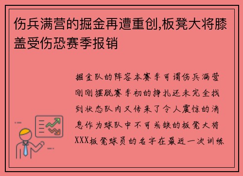 伤兵满营的掘金再遭重创,板凳大将膝盖受伤恐赛季报销