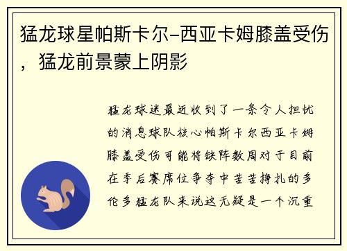 猛龙球星帕斯卡尔-西亚卡姆膝盖受伤，猛龙前景蒙上阴影