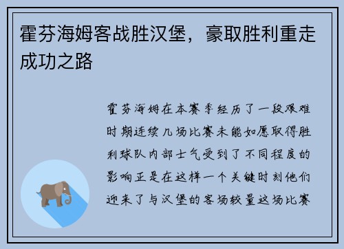 霍芬海姆客战胜汉堡，豪取胜利重走成功之路