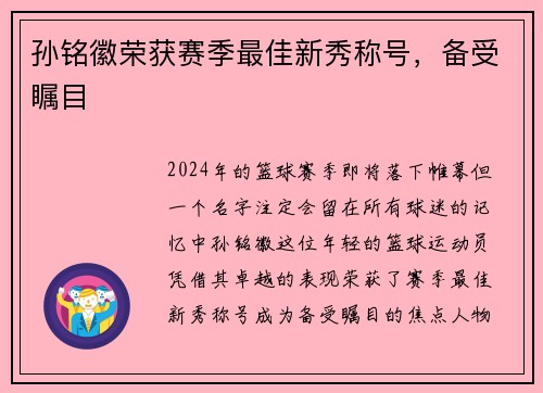 孙铭徽荣获赛季最佳新秀称号，备受瞩目