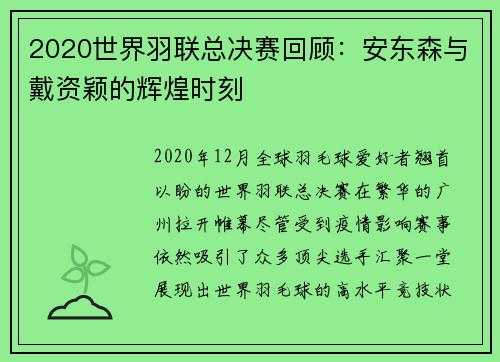 2020世界羽联总决赛回顾：安东森与戴资颖的辉煌时刻